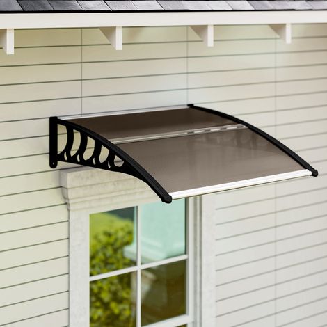 Tenda da sole esterna Outsunny per porte e finestre, 103x96,5x27 cm, protezione da sole e pioggia, con staffa, in lega di alluminio, policarbonato traslucido marrone.