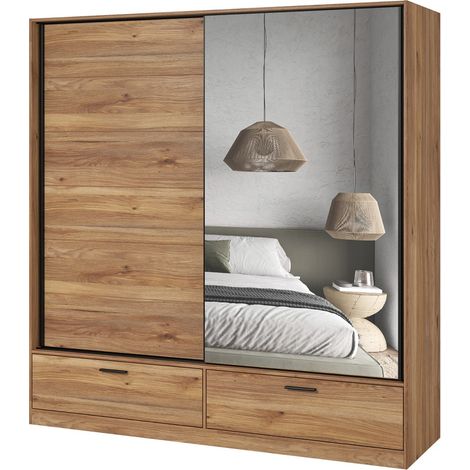 Armoire EOS 2 portes coulissantes avec miroir chêne clair 180 cm