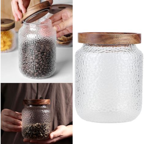 Ensemble de bocaux en verre larges avec couvercle hermétique en bois pour café en grains, biscuits, noix, etc. 500 ml (1/5)