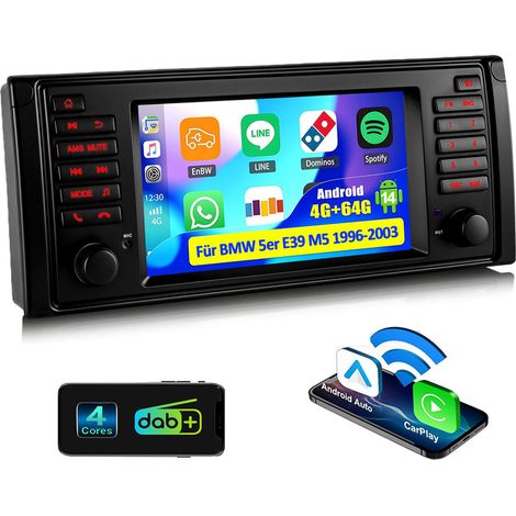 Autoradio 7" Android 14 avec Apple CarPlay, 4+64 Go de RAM, navigation GPS RDS, Wi-Fi et Bluetooth pour BMW Série 5 E39 M5 - 4+64G (1/5)