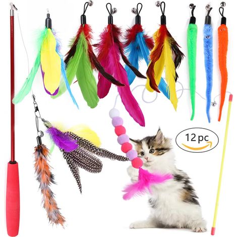 Baguette interactive pour chat avec canne télescopique, 12 accessoires de rechange plume avec grelot et ver, poisson volant bleu pour chaton, jouet à plumes amovible (1/4)