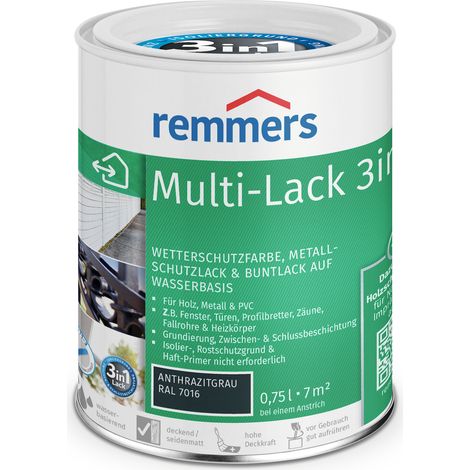 Remmers Multi-Lack 3in1 anthrazitgrau (RAL 7016), 0,75 Liter, Wetterschutzfarbe, Metallschutzlack & Buntlack auf Wasserbasis für Holz, Metall & PVC