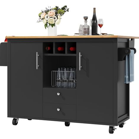 Îlot de cuisine buffet 120 x 73 (45) x 92 cm,meuble de cuisine et chariot avec plan de travail rabattable,porte-serviettes,étagère à épices,rangement de porte,casier à vin,blanc/noir