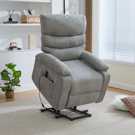 Fauteuil relax électrique multifonction avec aide au lever, fonction massage et chauffage, dossier et repose-pieds réglables électriquement, ainsi que poches de rangement latérales. Gris (1/5)