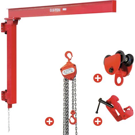 Potence murale 500 kg avec palan manuel à chaîne 2,5 m et chariot roulant + pince à poutre MW Tools PHM500SET1