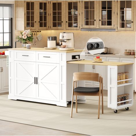 Isla de cocina 130(205)x50x93 cm, encimera extensible, 2 cajones, armario de doble puerta, MDF natural y blanco (1/5)