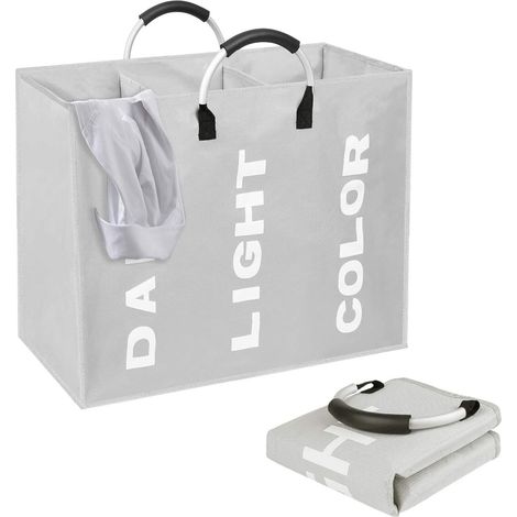 Foldable Laundry Baskets(80L, 60x32x49cm), 3 Compartments with Ring Handle, Large Capacity Laundry Bins for Colourful, White and Dark Clothes (1/5)
