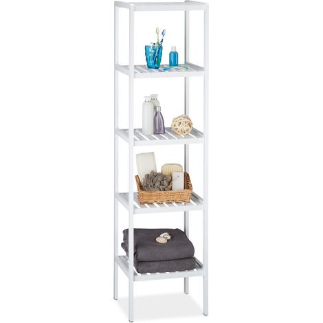 Relaxdays Bamboo Bath Rack with 5 Shelves, HxWxD: 139.5 x 34.5 x 33 cm, Tall Freestanding Shelving Unit, Kitchen Shelves, White (1/5)