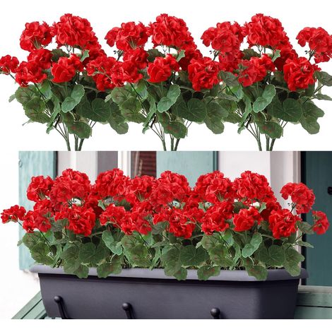 Lot 3 géraniums artificiels rouges en soie, fleurs décoratives balcon jardin mariage centre de table (1/5)
