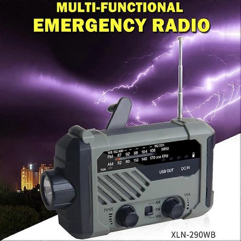 Radio AM/FM portable à manivelle alimentée à l'énergie solaire, lampe de lecture d'urgence 3 en 1, lampe torche rechargeable à l'énergie solaire, batterie externe 2000 mAh pour téléphone portable (1/5)