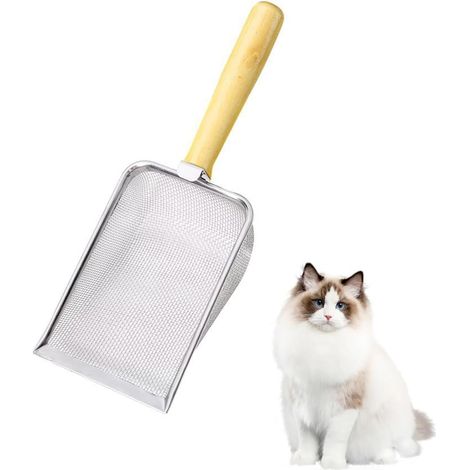 Pelle à Litière pour Chat en Métal avec Poignée en Bois Pelle à Sable à Tamis pour Chat Litière Agglomérante