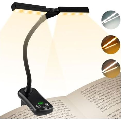 Leselampe mit 14 LEDs und zwei Leuchtenköpfen, USB-wiederaufladbar, 360° flexibler Hals, 3 Farben und stufenloses Dimmen, bis zu 80 Stunden Leuchtdauer, tragbar zum Lesen und Reisen [Energieklasse (1/4)