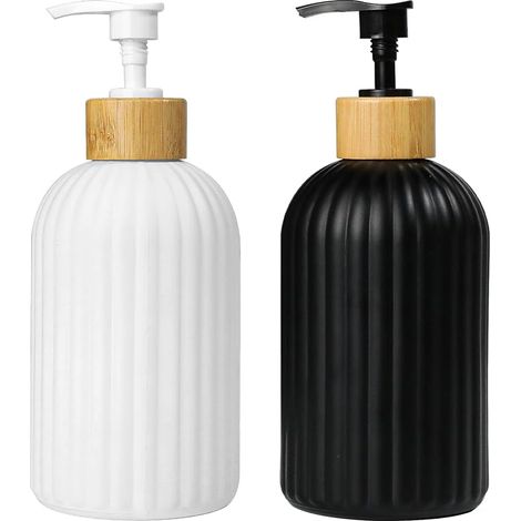 2 Pièces Distributeur Savon en Verre, Distributeur Liquide Vaisselle 500ml, Fini Mat Céramique avec Couvercle en Bois, Soap Dispenser Stable et Précis pour Cuisine/Salle de Bain (1/5)