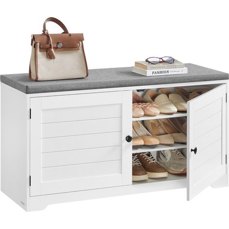 Banc à Chaussures sur 3 Niveaux, Banc de Rangement, avec Portes, Étagères Réglables, Rangement Caché, 35,5 x 101 x 52,5 cm, pour Entrée, Chambre, Blanc Nuage et Gris Tourterelle (1/5)
