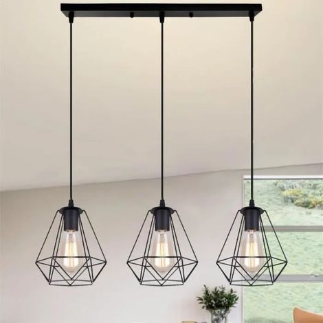 U-Do Lustre Brillant 3 Lampes Suspension Luminaire Cage forme Diamant en Fer Noir décoration Chambre Salle à Manger (1/4)