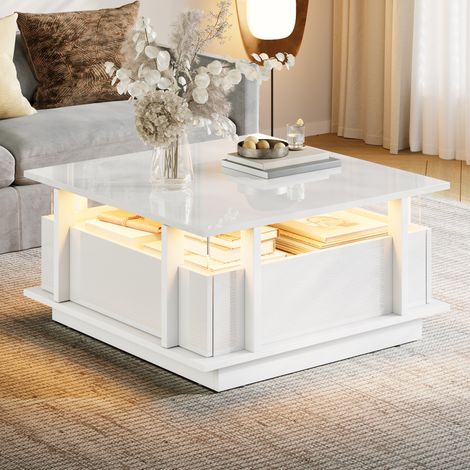 Table basse blanche 70x70x35 cm avec 2 tiroirs, éclairage LED intégré et séparation en acrylique transparent, table de salon lumineuse, table d'appoint pour canapé, idéale pour petit espace.