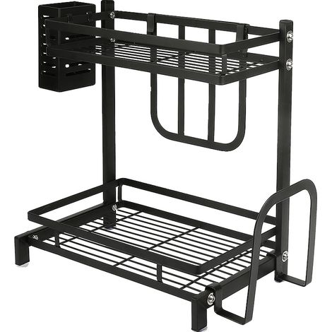 Organizador de especias, diseño de dos niveles, acero inoxidable duradero, negro. (1/2)