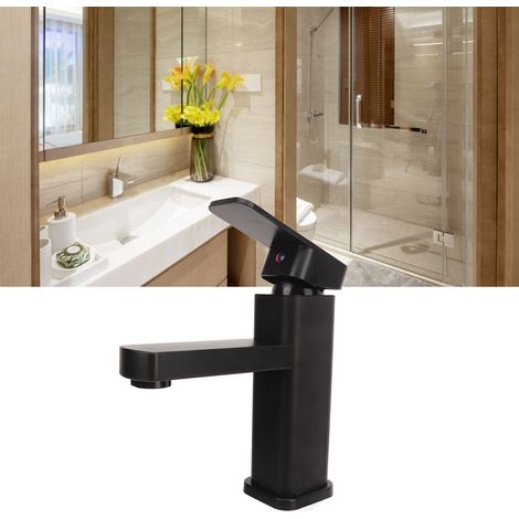 Robinet carré monotrou en acier inoxydable pour lavabo et vasque à poser, eau chaude et froide. (1/5)