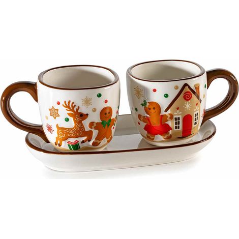 Set da due pezzi di tazzine da caffè in ceramica con decori pan di zenzero e piattino / vassoio, Tazzina: Ø 6,5 cm x 6 H