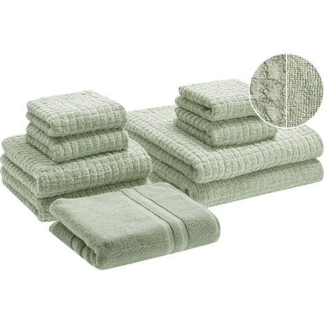 Conjunto de 9 toallas de baño de algodón suave de torsión baja con alfombrilla de baño verde claro Atai