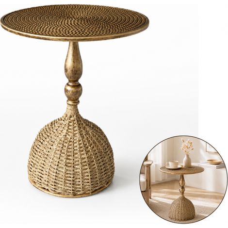 Table basse, table d'appoint, ronde, en rotin, osier, plateau en métal STL29 (1/2)