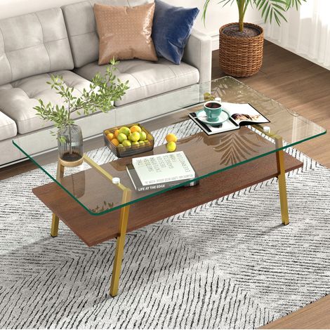 Tavolino da salotto rettangolare in vetro temperato con gambe in metallo dorato 98x58x42,5 cm (1/5)
