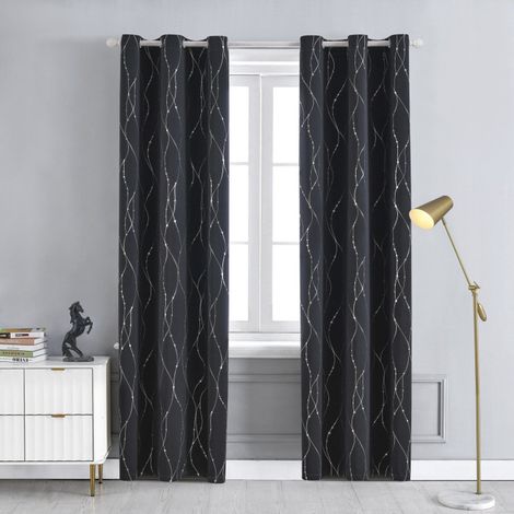 Rideaux occultants noirs motif vague argenté imprimé à anneaux texturés pour chambre à coucher dimensions 100 cm x 200 cm pièce unique (1/5)