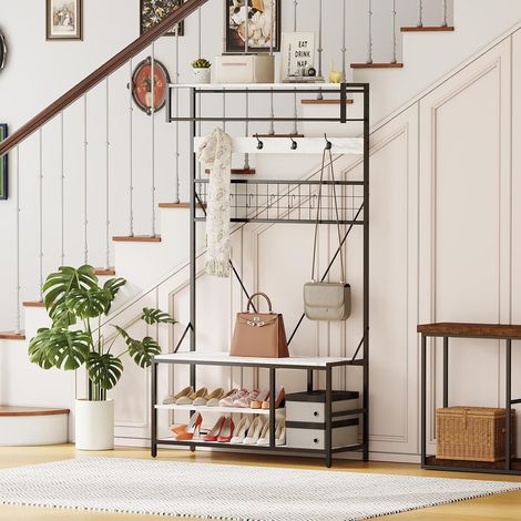 Vestiaire d’Entrée avec Banc, Porte-Manteau et Range-Chaussures 5-en-1 Blanc (1/5)