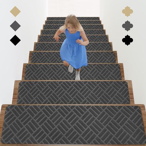 Peldaños antideslizantes para escaleras con adhesivo, aptos para niños, ancianos y bebés, rayas grises, 10 unidades, 76 x 20 cm. (1/5)