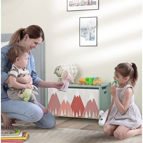 Coffre à jouets en bois vert avec couvercle rabattable et motif enfant (1/5)