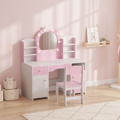 Coiffeuse pour Enfants avec Tabouret et Miroir Lumineux à 2 Couleurs en Acrylique, pour 3-8 Ans, 90 x 41 x 104 cm, Rose (1/5)