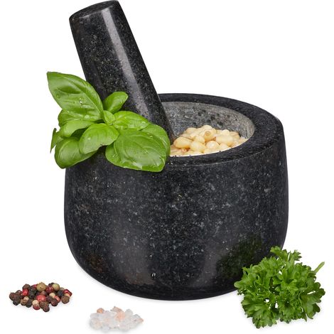 Relaxdays granite pestle and mortar, durable and hardwearing, cooking set for grinding herbs and spices, Ø 12 cm, black (1/5)