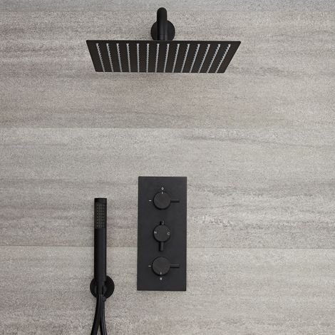 Hudson Reed – Kit de douche thermostatique encastrable 2 fonctions – Pommeau carré 30 x 30cm en acier inoxydable – Fini noir mat – Douchette en laiton
