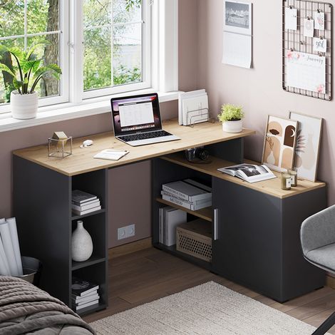 Bureau d'angle Rudy, Anthracite/Artisan, 135x110cm avec des étagères, Vicco