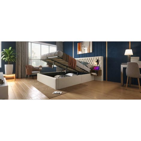 Lit coffre hydraulique rembourré 160x200 avec matelas USB beige (1/5)