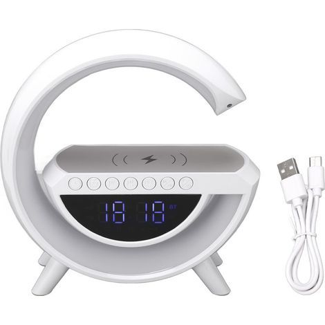 Réveil-enceinte Bluetooth - Charge Sans Fil 15 W - Lumière LED Colorée - Radio FM - Lecteur Carte Mémoire/USB - 238 x 235 x 80 mm - 1 Pièce (1/5)