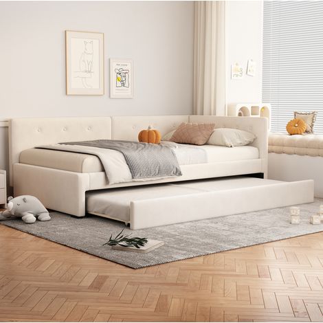 Bett 90x200 mit Rollbett aus Samt in Beige HAVRYA (1/5)