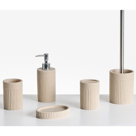 Conjunto de 5 accesorios de baño jabonera dispensador de jabón escobilla de inodoro vaso soporte para cepillos de dientes beige claro Chancay