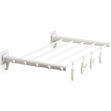 Wall Mounted Clothes Drying Rack Folding Telescopic Punch Free Plastic Laundry Rack for Indoor Balcony 530mm 4 Clips