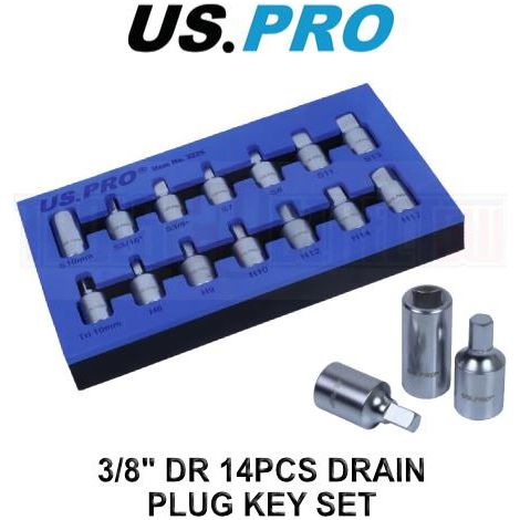 US PRO Tools 3/8" dr 14pc Drain Sump Plug Key Set, Engine Gearbox Diff 3225 (1/4)