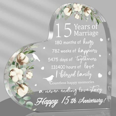 Plaque cœur acrylique souvenir mariage Cadeau anniversaire de mariage 15 ans pour femme, épouse, mari, couple Idée cadeau noces de cristal style 15ᵉ année (1/5)