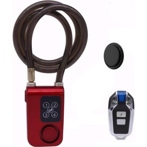 Antivol pour Vélo avec Alarme Télécommande et Code PIN 10mm Chaîne Antivol pour Motocyclette, Poussette, Porte, Imperméable, Rouge (1/5)