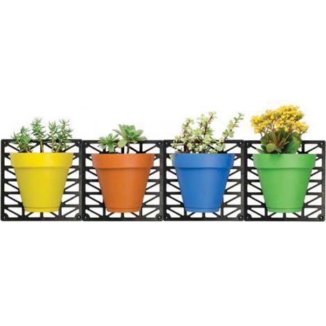 Kit de 4 pots à réserve d'eau avec support mural – Dimensions h 17 x L 18.5 x p 11 cm – Coloris assortis terre cuite, jaune, vert, bleu – Astuceo