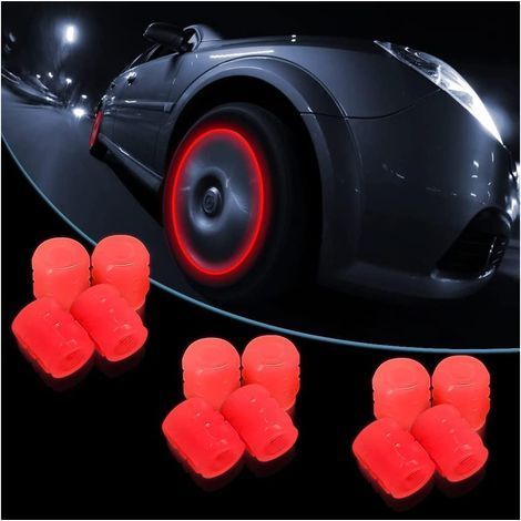 Bouchon Valve Pneu Voiture Fluorescent, 12 Pcs Lumineux Valve Pneu Voiture avec Lumineux Couverture, Accessoire Universel pour Camions, SUV, Motos(Rouge) (1/5)