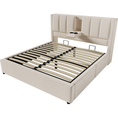 Lit coffre 160x200 cm avec port USB C et porte-gobelets cachés, beige, sans matelas (1/5)