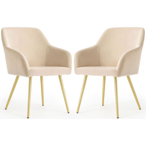 Lot de 2 Chaises en velours lisses ESTELLE Beige pieds dorés (1/5)