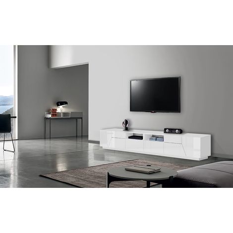 Meuble TV moderne 260 cm blanc laqué brillant Alienor (1/4)