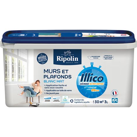 Peinture Murs et  Plafonds - Blanc - Mat - 3L - ILLICO - RIPOLIN