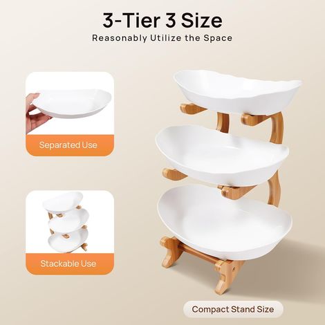Plateau à Fruits à 3 Étages, Ovale en Bambou, Support pour Fruits et Collations (Blanc) (1/5)