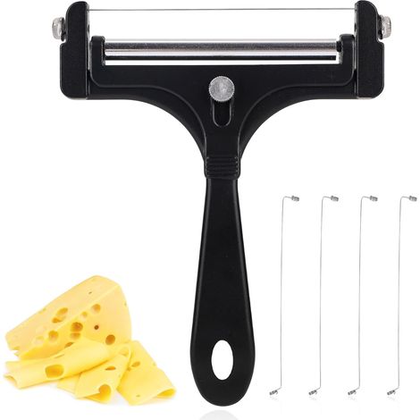 Trancheuse à Fromage Acier Inoxydable, Coupe-Fromage avec 4 Fils Supplémentaires Coupe-Beurre Manuel Réglable pour Cheddar Gruyère Mozzarella Ustensile de Cuisine (Noir) (1/5)
